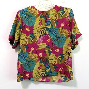 Jack Mulqueen Silk Top Shirt L Tropical Short Sleeve Y2K Vintage Shoulder Pads
